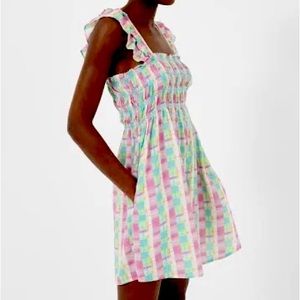 French Connection Gingham Checkered Pastel Mini Dress Shirred Bodice Size 10